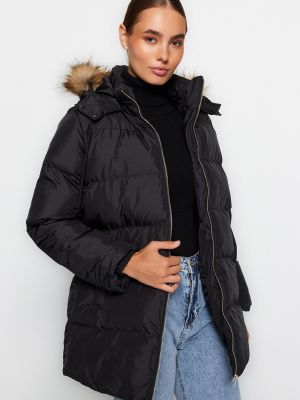 Γυναικεία παλτό με κουκούλα Trendyol μαύρο
