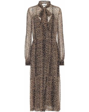 Svilena midi haljina s printom s leopard uzorkom Saint Laurent bež