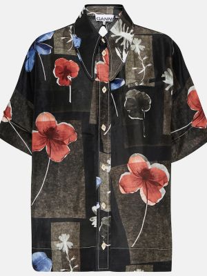 Svilena lanena srajca s cvetličnim vzorcem Ganni