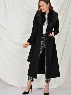 Пальто средней длины с меховым воротником на талии, Concept. черный
