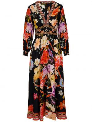 Květinové hedvábné dlouhé šaty s potiskem Camilla černé