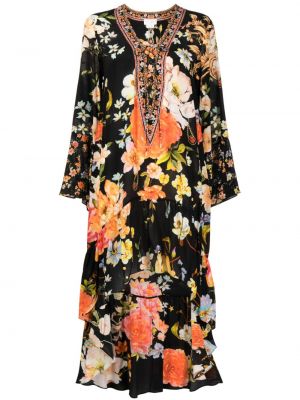 Květinové hedvábné šaty s vysokým pasem Camilla - černá