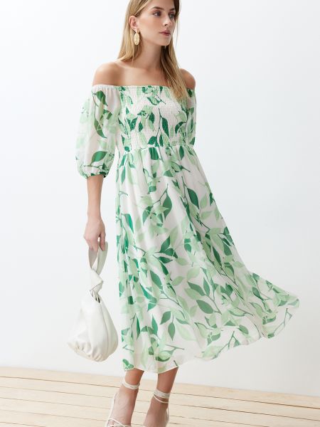 Virágos sifon hosszú ruha Trendyol zöld