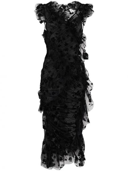 Vestido midi con bordado de flores Yuhan Wang negro
