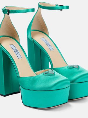 Сатенени полуотворени обувки на платформе Prada зелено