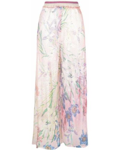 Průsvitné květinové rovné kalhoty s vysokým pasem Patbo - růžová