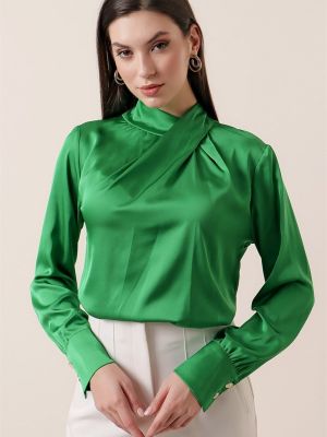 Satynowa bluzka sznurowana koronkowa By Saygı zielona