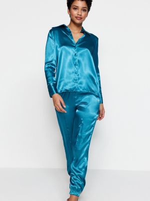 Pletena satenska pidžama Trendyol plava