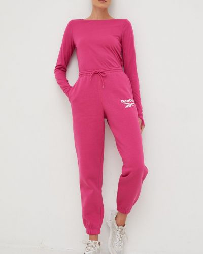 Reebok pantaloni de trening femei, culoarea roz, cu imprimeu