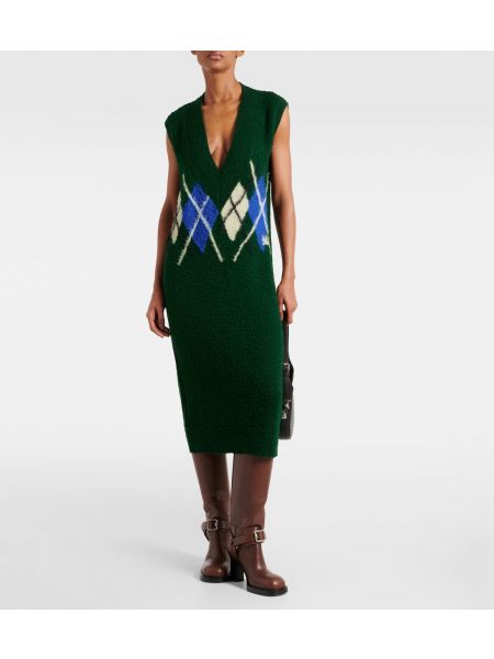 Шерстяное длинное платье с узором аргайл Burberry зеленое
