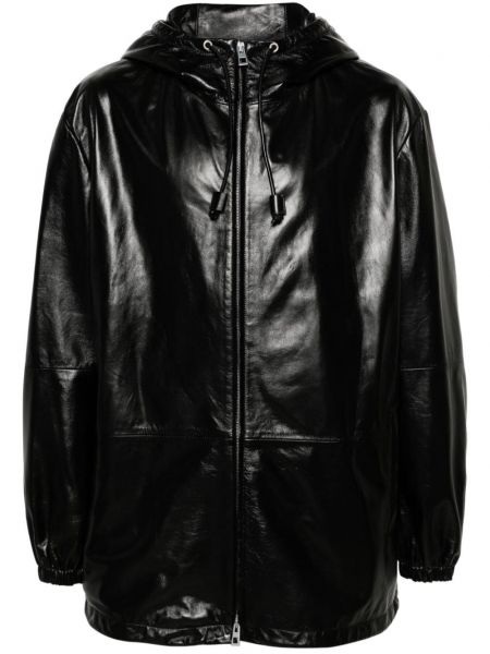 Kožna jakna s kapuljačom Loewe crna