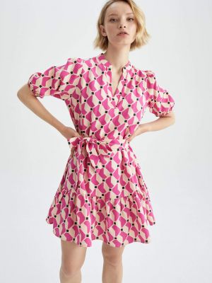 Pletené mini šaty s potlačou s krátkymi rukávmi Defacto ružová
