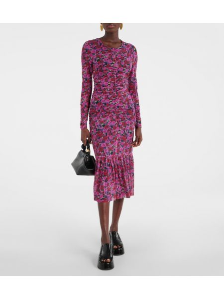 Midi obleka s cvetličnim vzorcem z mrežo Ganni vijolična