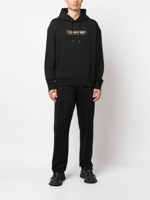 Raštuotas medvilninis džemperis su gobtuvu Calvin Klein juoda