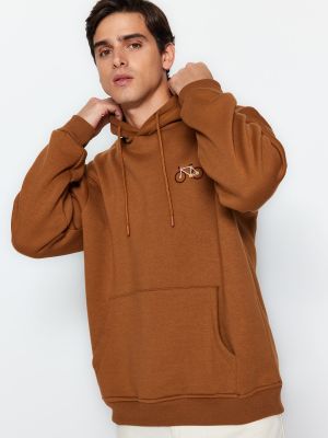 Medvilninis flisas siuvinėtas džemperis su gobtuvu Trendyol ruda