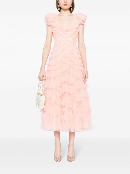 Midi šaty s volány Needle & Thread růžové