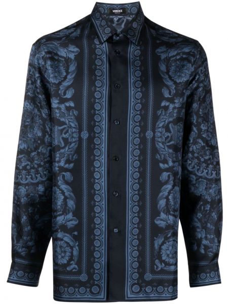 Camicia di seta con stampa Versace blu