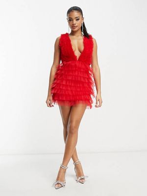 Кружевное платье мини с бисером из тюля Lace And Beads красное
