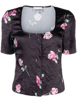 Bluză din satin cu model floral cu imagine Ganni negru