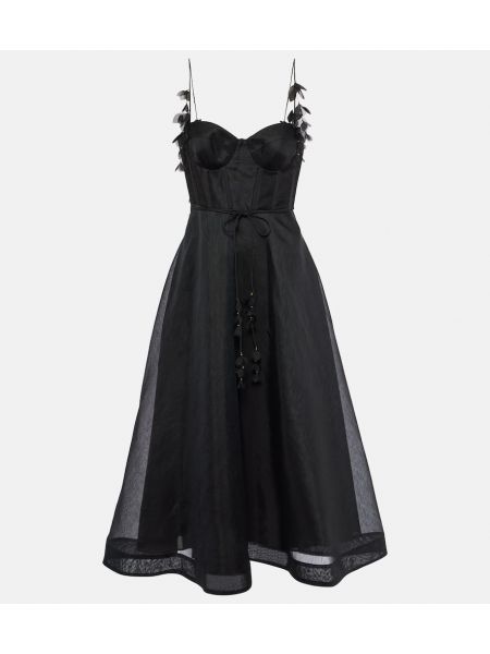 Hedvábné lněné midi šaty Zimmermann černé