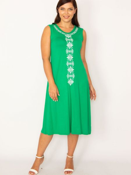 Viskózové šaty bez rukávov s výšivkou şans zelená