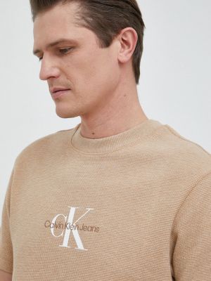 Памучна тениска с дълъг ръкав с принт Calvin Klein Jeans бежово