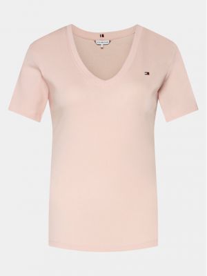 Slim fit tričko s výstřihem do v Tommy Hilfiger růžové