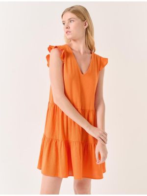 Lniana sukienka mini bez rękawów z dekoltem w serek Jimmy Key pomarańczowa
