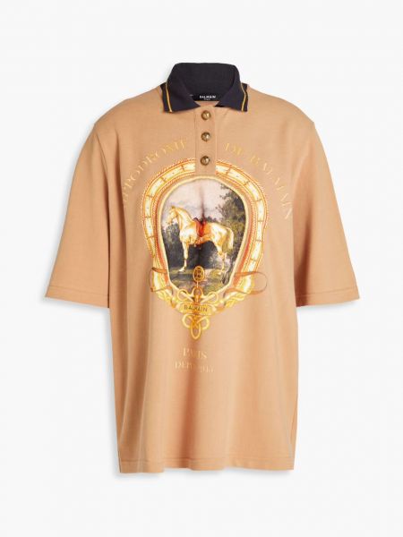 Рубашка-поло из хлопкового пике с принтом Balmain коричневый