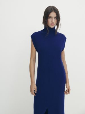 Трикотажное платье с воротником с высоким воротником Massimo Dutti синее