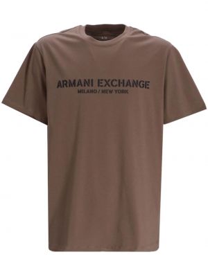 Koszulka bawełniana z nadrukiem Armani Exchange brązowa