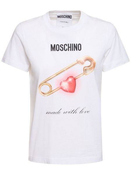 T-shirt i bomull med mönster i jersey Moschino vit