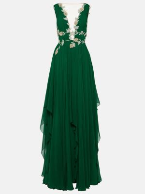 V-nyakú selyem hímzett hosszú ruha Costarellos zöld