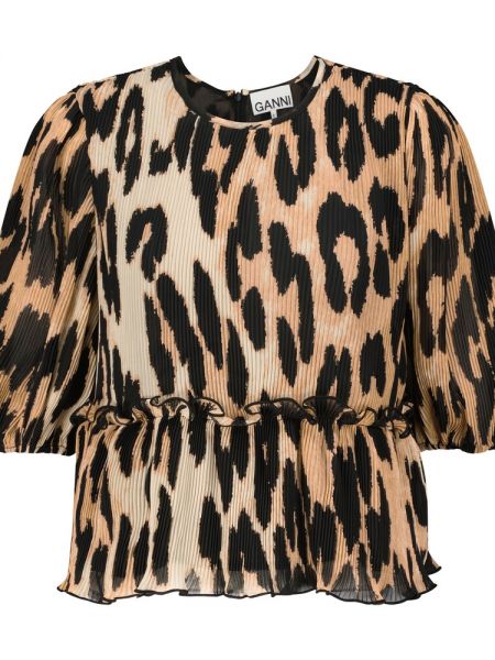 Plisseret leopard trykt lang top Ganni brun