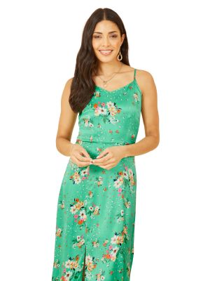 Атласное платье в бельевом стиле в цветочек с принтом Yumi зеленое