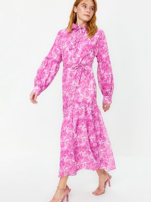 Pletené květinové šifonové šaty Trendyol růžové