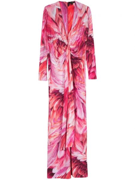 Maksi haljina sa perjem s printom Roberto Cavalli ružičasta