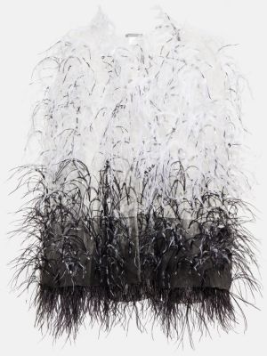 Poncho de seda con plumas de tul Monique Lhuillier blanco