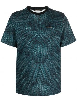 Raštuotas medvilninis marškinėliai su plunksnomis Roberto Cavalli mėlyna