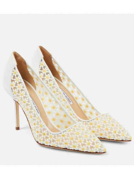 Pantofi cu toc din piele cu model floral Manolo Blahnik alb