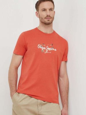 Памучна тениска с дълъг ръкав с принт Pepe Jeans оранжево
