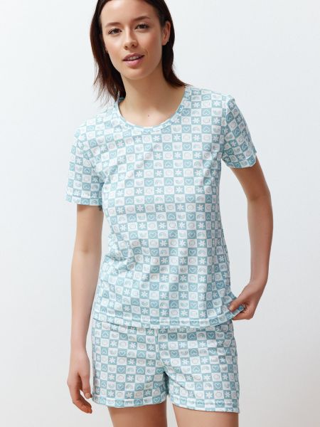 Плетена памучна пижама Trendyol синьо