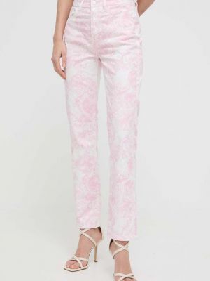 Jednobarevné kalhoty s vysokým pasem Guess růžové