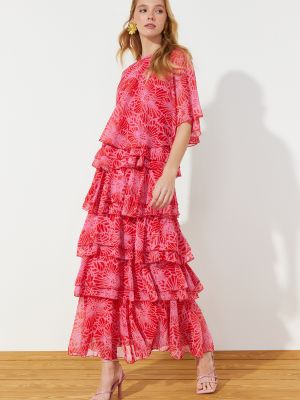 Pletené květinové šifonové šaty Trendyol růžové