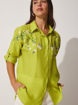 Koszula z perełkami oversize Happiness İstanbul zielona