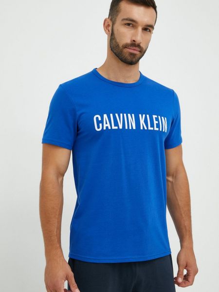 Памучна пижама с принт с къс ръкав Calvin Klein Underwear синьо