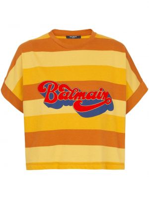 T-shirt a righe con stampa Balmain arancione