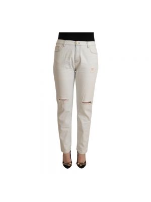 Jeansy skinny z przetarciami slim fit bawełniane Pinko białe
