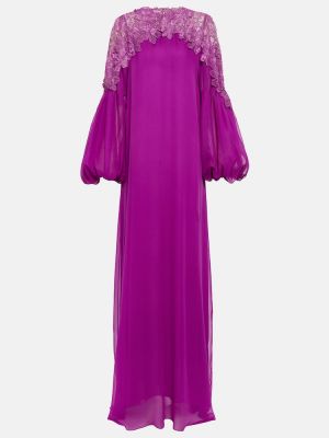 Jedwabna sukienka długa koronkowa Oscar De La Renta fioletowa