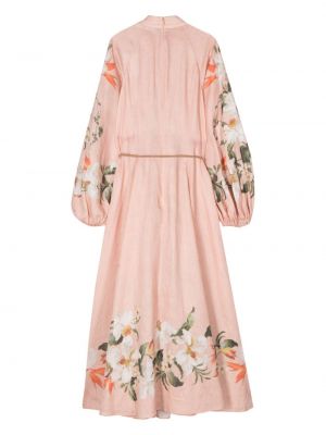 Lněné midi šaty Zimmermann růžové